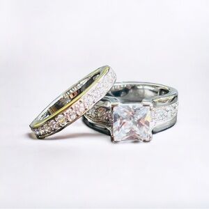 NEW Silvertone Rectangle Ring & Band Set With Swarovski Crystals Size 6